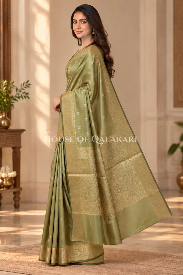 Banarasi Silk Saree in Light Khaki Green with Dual-Tone Zari Butis & Floral Jaal Pallu