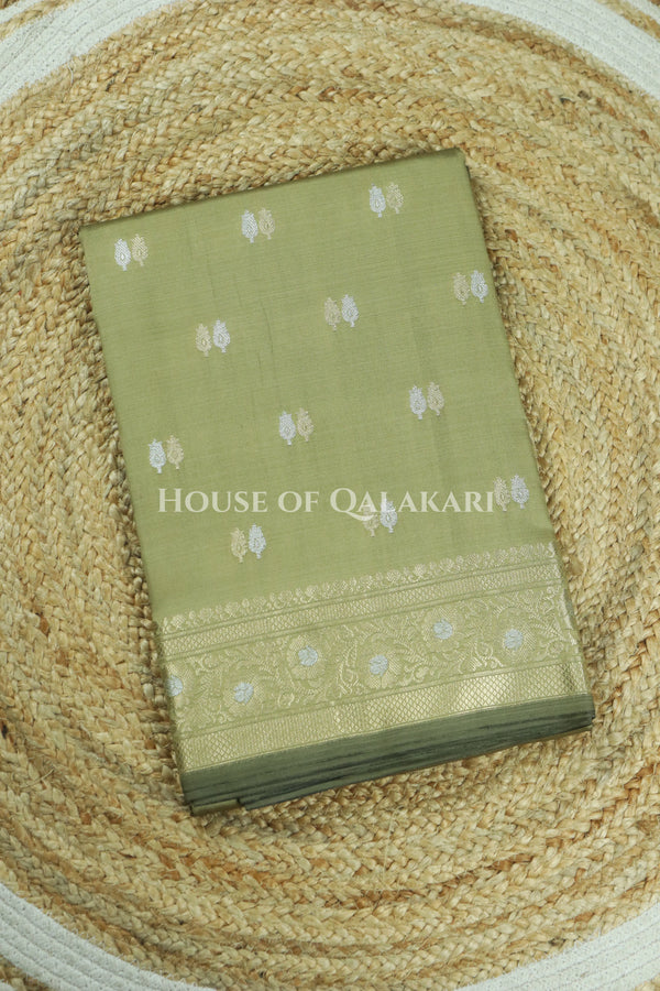 Banarasi Silk Saree in Light Khaki Green with Dual-Tone Zari Butis & Floral Jaal Pallu