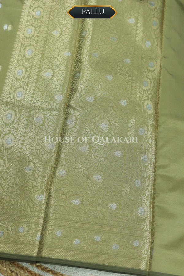 Banarasi Silk Saree in Light Khaki Green with Dual-Tone Zari Butis & Floral Jaal Pallu