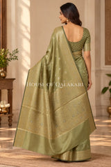 Banarasi Silk Saree in Light Khaki Green with Dual-Tone Zari Butis & Floral Jaal Pallu