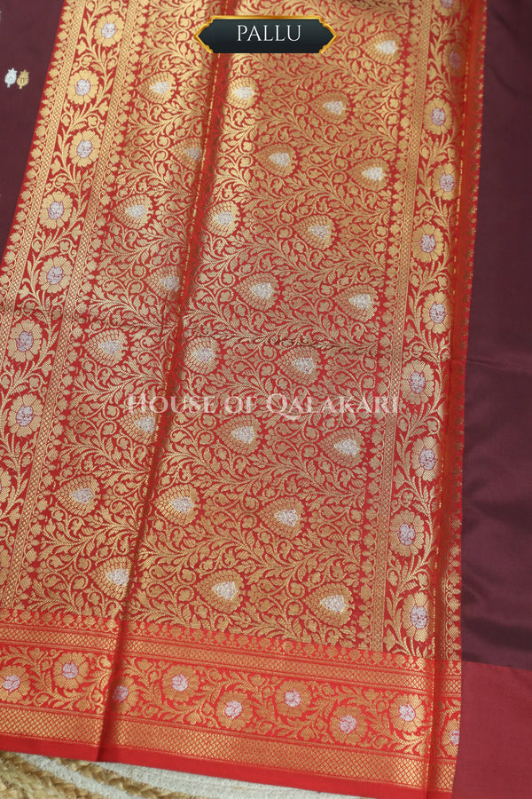 Banarasi Silk Saree in Deep Coffee Brown with Dual-Tone Zari Butis & Floral Jaal Pallu