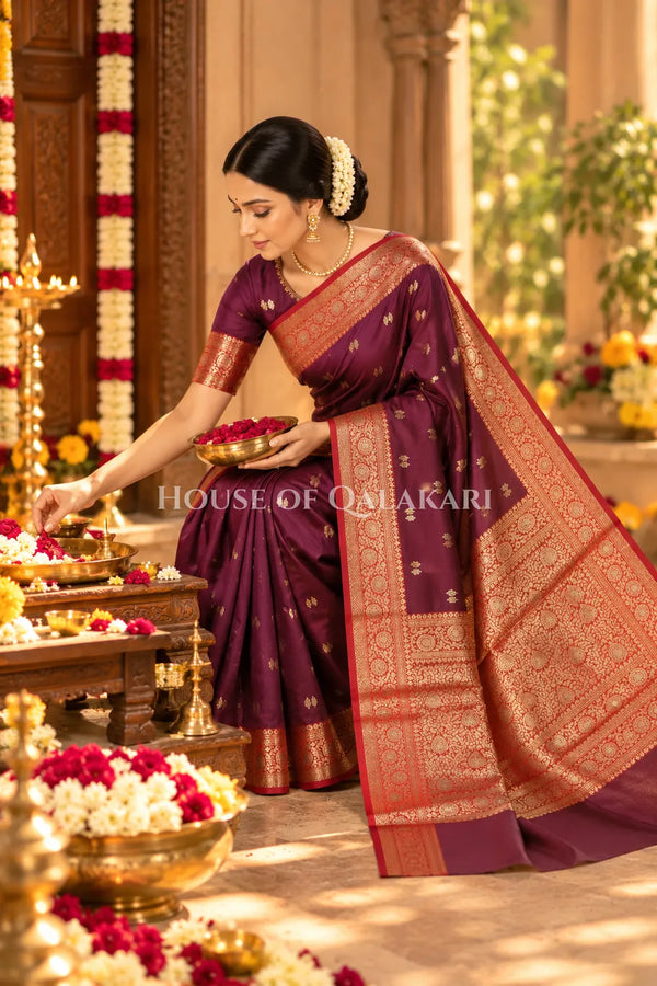 Banarasi Silk Saree in Deep Coffee Brown with Dual-Tone Zari Butis & Floral Jaal Pallu