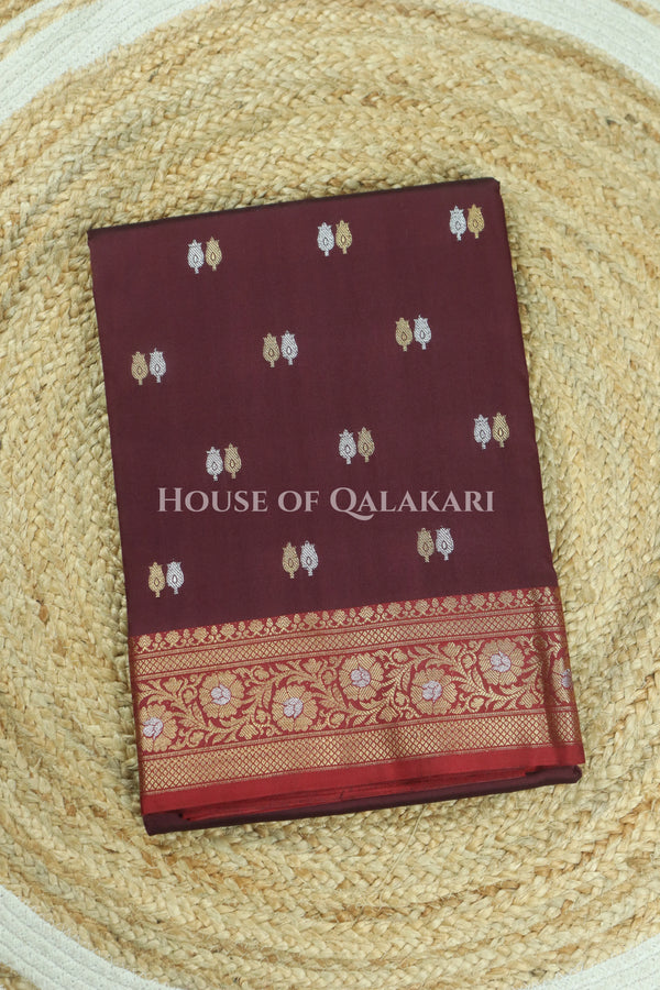 Banarasi Silk Saree in Deep Coffee Brown with Dual-Tone Zari Butis & Floral Jaal Pallu