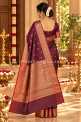 Banarasi Silk Saree in Deep Coffee Brown with Dual-Tone Zari Butis & Floral Jaal Pallu