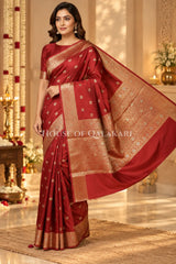 Banarasi Silk Saree in Red with Dual-Tone Zari Butis & Floral Jaal Pallu