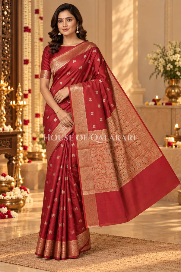 Banarasi Silk Saree in Red with Dual-Tone Zari Butis & Floral Jaal Pallu