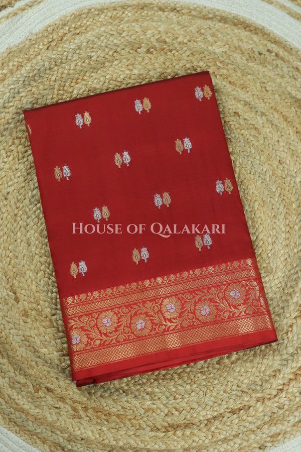 Banarasi Silk Saree in Red with Dual-Tone Zari Butis & Floral Jaal Pallu