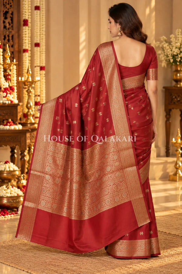 Banarasi Silk Saree in Red with Dual-Tone Zari Butis & Floral Jaal Pallu