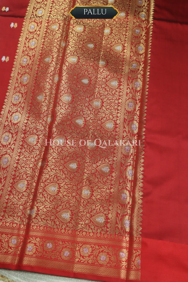 Banarasi Silk Saree in Red with Dual-Tone Zari Butis & Floral Jaal Pallu