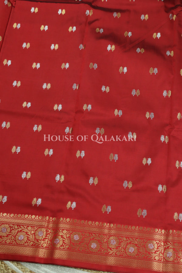 Banarasi Silk Saree in Red with Dual-Tone Zari Butis & Floral Jaal Pallu