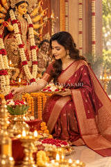 Banarasi Silk Saree in Red with Dual-Tone Zari Butis & Floral Jaal Pallu