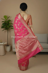 Banarasi Silk Saree in Pink tone with intricate Zari Buti Parrot Motifs work