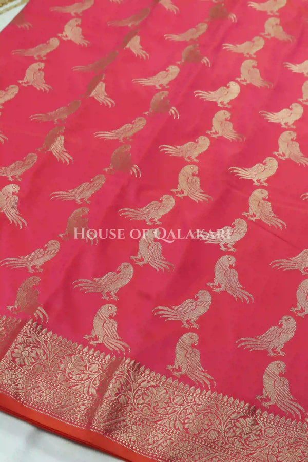 Banarasi Silk Saree in Pink tone with intricate Zari Buti Parrot Motifs work