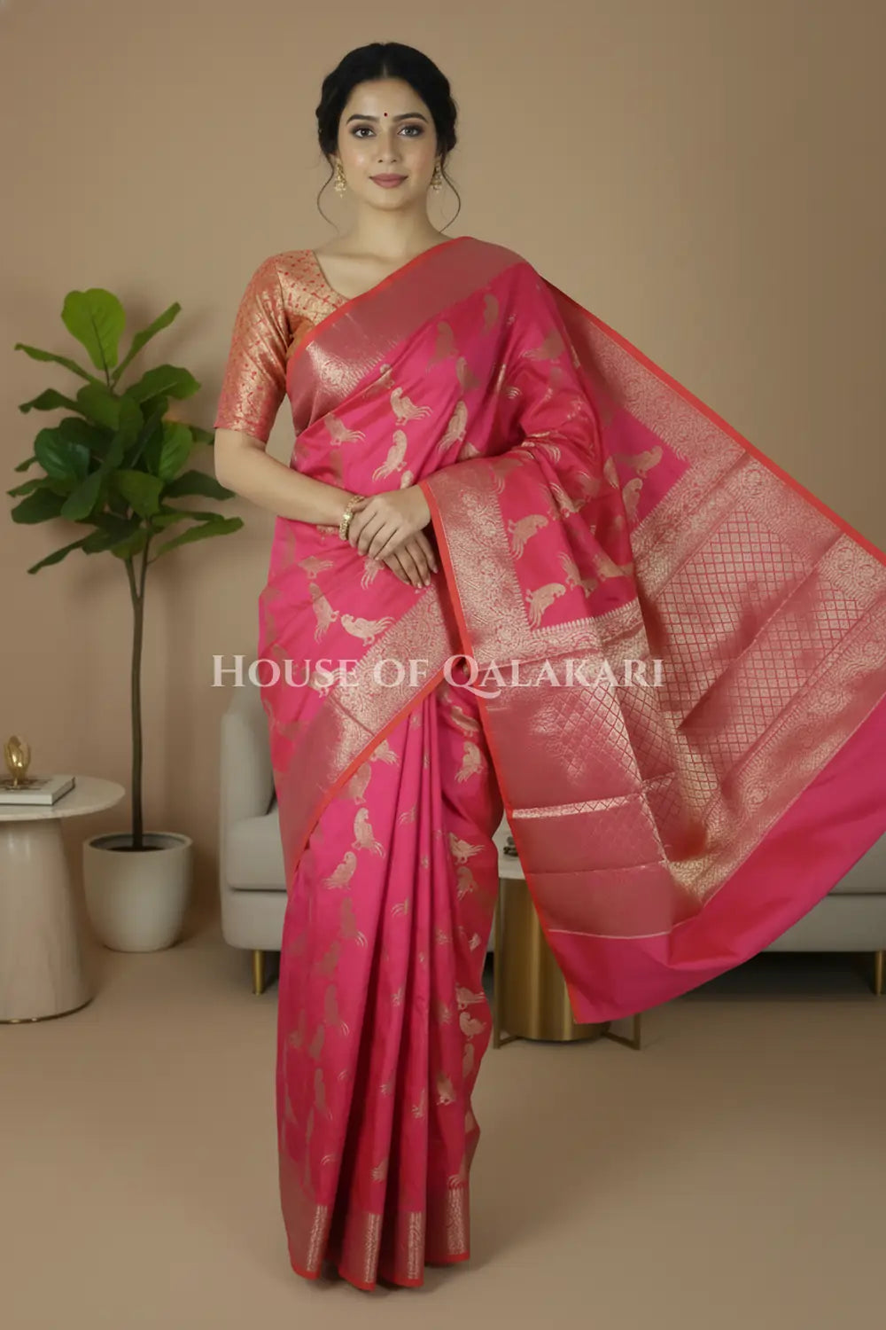 Banarasi Silk Saree in Pink tone with intricate Zari Buti Parrot Motifs work