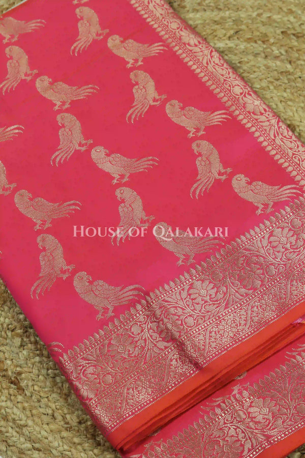 Banarasi Silk Saree in Pink tone with intricate Zari Buti Parrot Motifs work