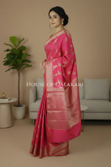 Banarasi Silk Saree in Pink tone with intricate Zari Buti Parrot Motifs work