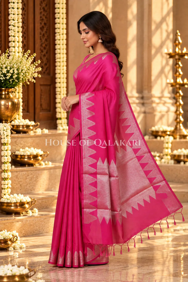 Silk Banarasi Saree in Rani Pink with Triangle Zari Border