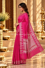 Silk Banarasi Saree in Rani Pink with Triangle Zari Border