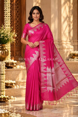 Silk Banarasi Saree in Rani Pink with Triangle Zari Border
