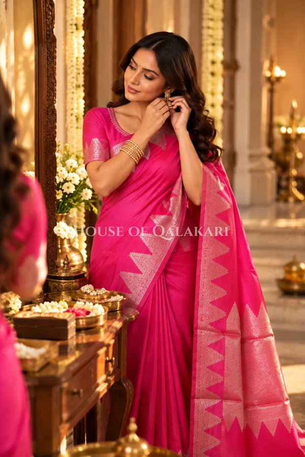 Silk Banarasi Saree in Rani Pink with Triangle Zari Border