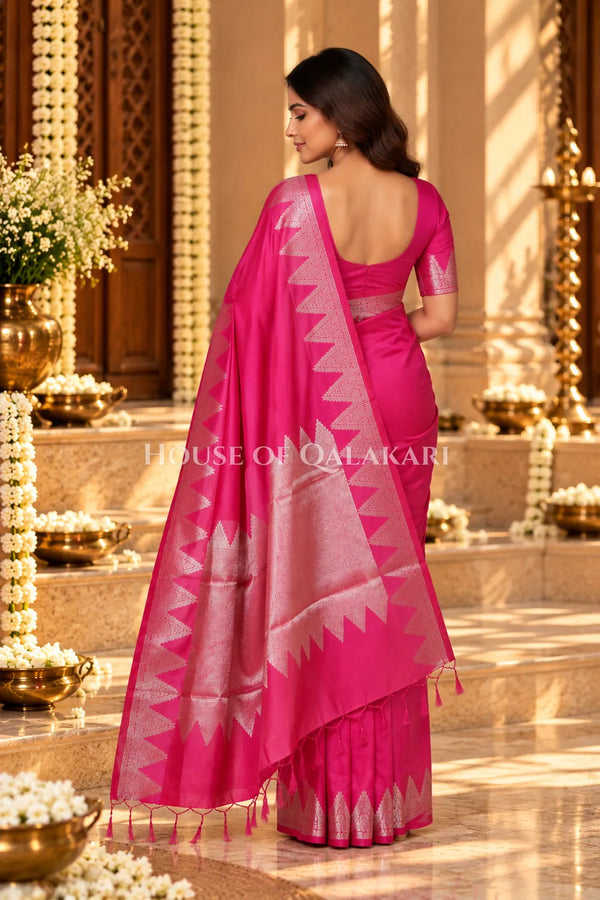 Silk Banarasi Saree in Rani Pink with Triangle Zari Border