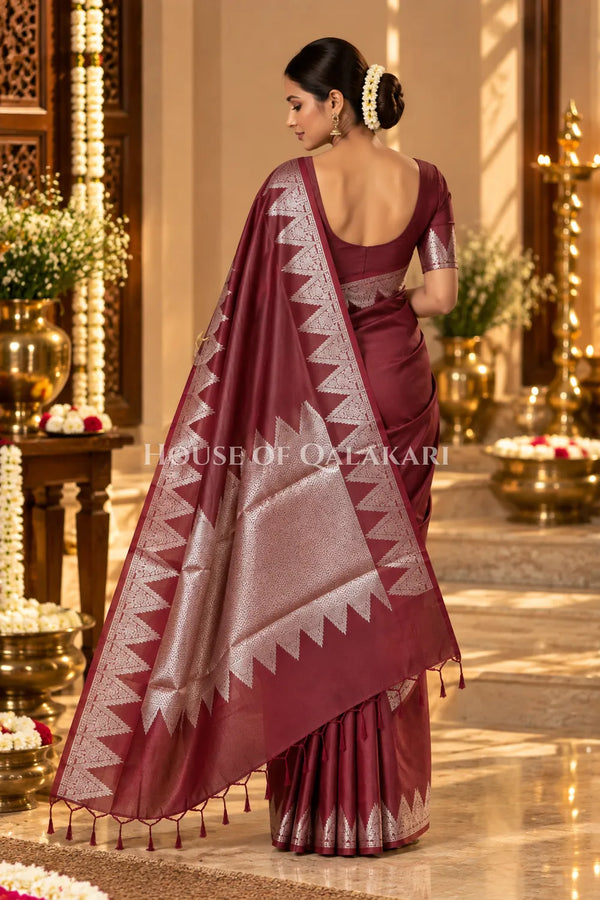Silk Banarasi Saree in Wine with Triangle Zari Border
