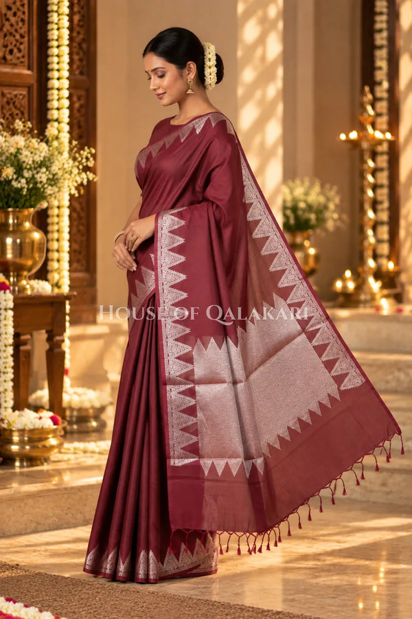 Silk Banarasi Saree in Wine with Triangle Zari Border