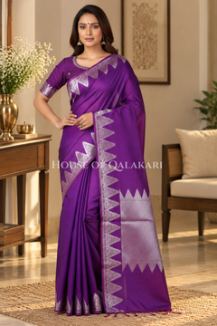 Silk Banarasi Saree in Dark Purple with Triangle Zari Border