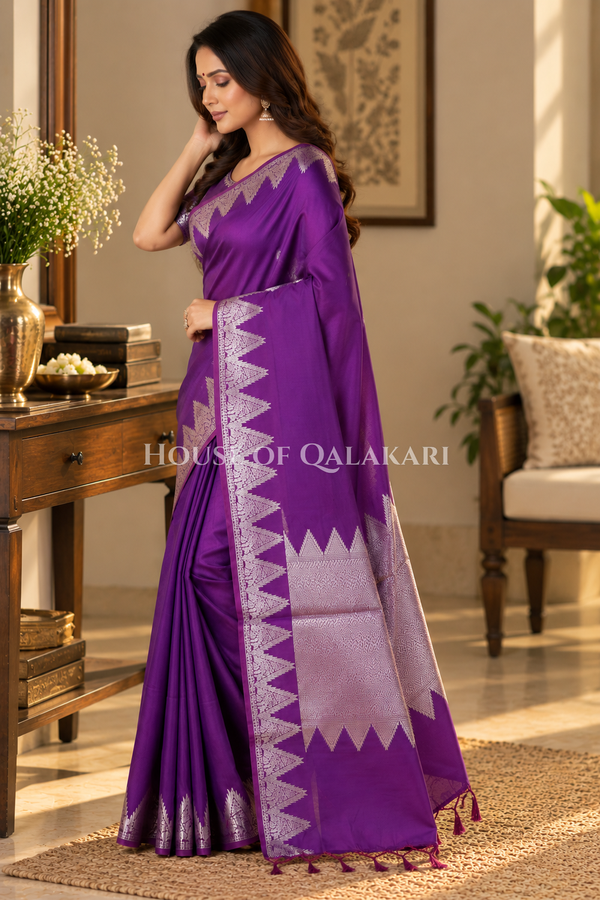 Silk Banarasi Saree in Dark Purple with Triangle Zari Border