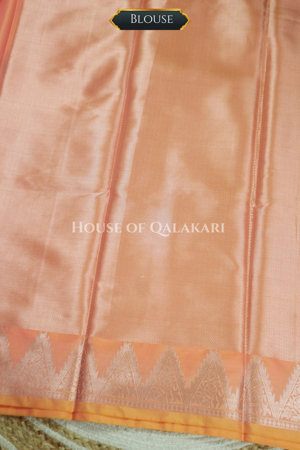 Silk Banarasi Saree in Light Peach with Triangle Zari Border