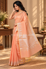 Silk Banarasi Saree in Light Peach with Triangle Zari Border
