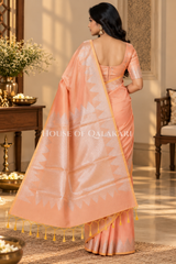 Silk Banarasi Saree in Light Peach with Triangle Zari Border