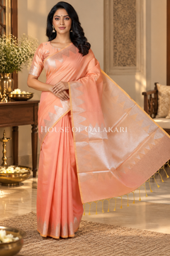 Silk Banarasi Saree in Light Peach with Triangle Zari Border