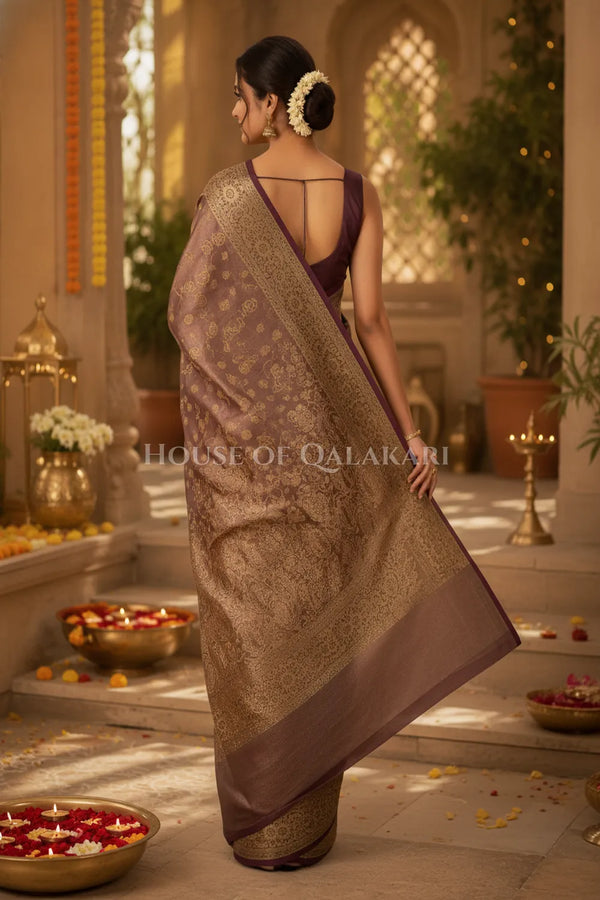 Banarasi Crepe Tissue Sarees with Zari Jaal work and heavy pallu in Ash Mocha