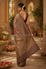 Banarasi Crepe Tissue Sarees with Zari Jaal work and heavy pallu in Ash Mocha