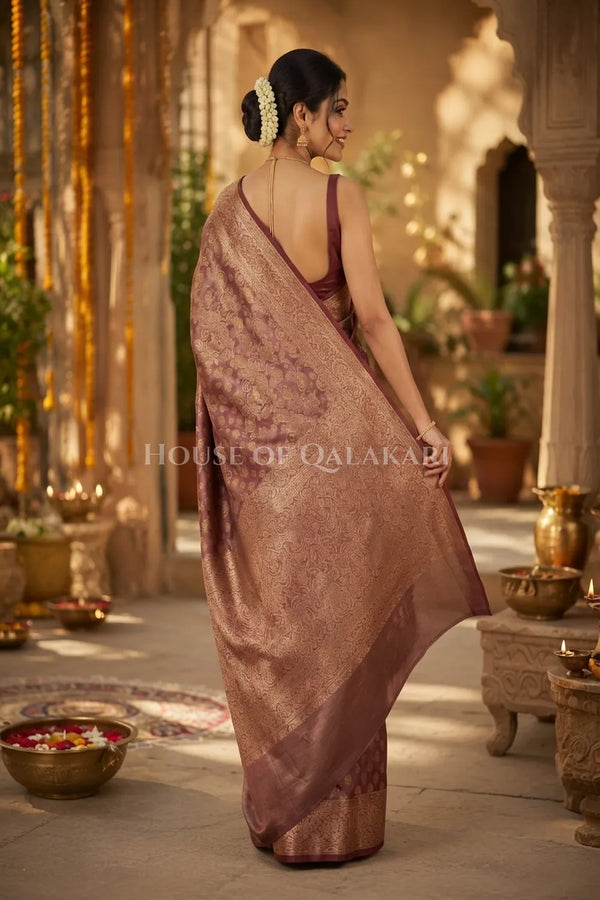 Banarasi Crepe Tissue Sarees with Zari Jaal work and heavy pallu in Rose Copper