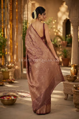 Banarasi Crepe Tissue Sarees with Zari Jaal work and heavy pallu in Rose Copper