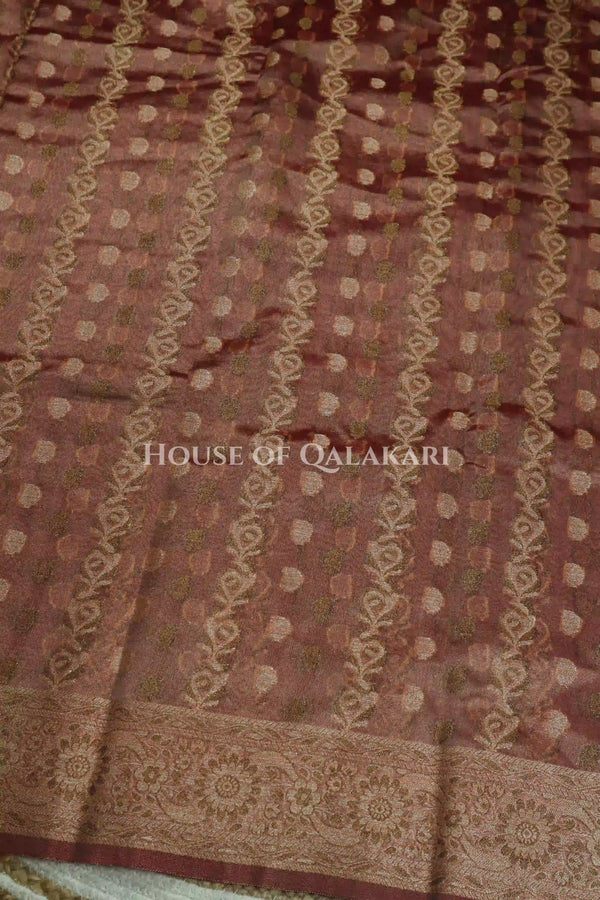 Banarasi Crepe Tissue Sarees with Zari Jaal work and heavy pallu in Rose Copper