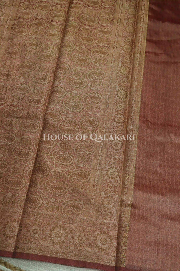 Banarasi Crepe Tissue Sarees with Zari Jaal work and heavy pallu in Rose Copper