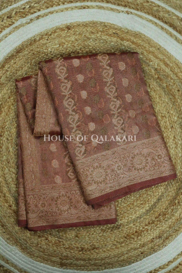 Banarasi Crepe Tissue Sarees with Zari Jaal work and heavy pallu in Rose Copper