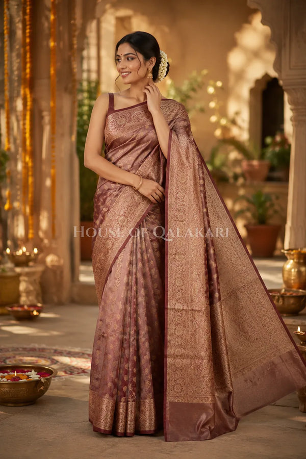 Banarasi Crepe Tissue Sarees with Zari Jaal work and heavy pallu in Rose Copper