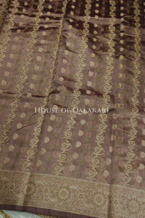 Banarasi Crepe Tissue Sarees with Zari Jaal work and heavy pallu in Ash Mocha