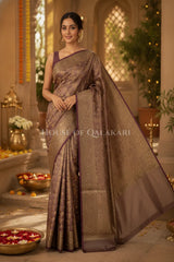 Banarasi Crepe Tissue Sarees with Zari Jaal work and heavy pallu in Ash Mocha