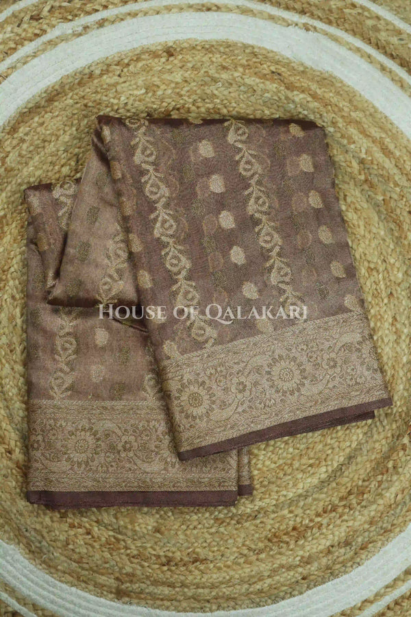 Banarasi Crepe Tissue Sarees with Zari Jaal work and heavy pallu in Ash Mocha