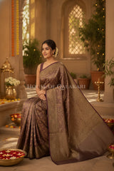 Banarasi Crepe Tissue Sarees with Zari Jaal work and heavy pallu in Ash Mocha