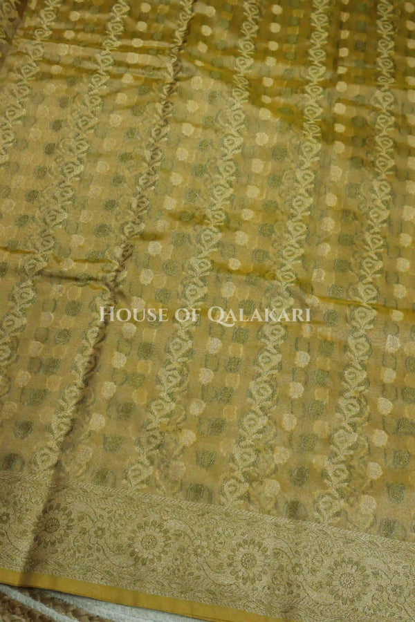 Banarasi Crepe Tissue Sarees with Zari Jaal work and heavy pallu in Mustard Gold