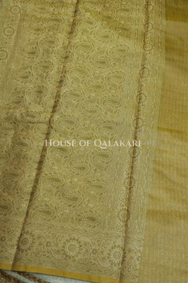 Banarasi Crepe Tissue Sarees with Zari Jaal work and heavy pallu in Mustard Gold