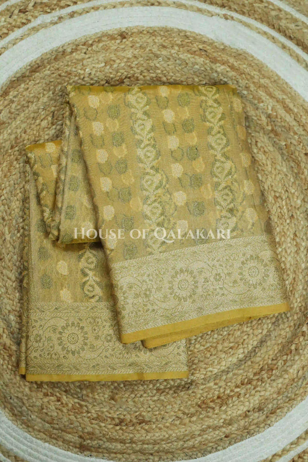 Banarasi Crepe Tissue Sarees with Zari Jaal work and heavy pallu in Mustard Gold