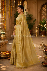 Banarasi Crepe Tissue Sarees with Zari Jaal work and heavy pallu in Mustard Gold
