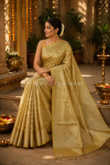 Banarasi Crepe Tissue Sarees with Zari Jaal work and heavy pallu in Mustard Gold